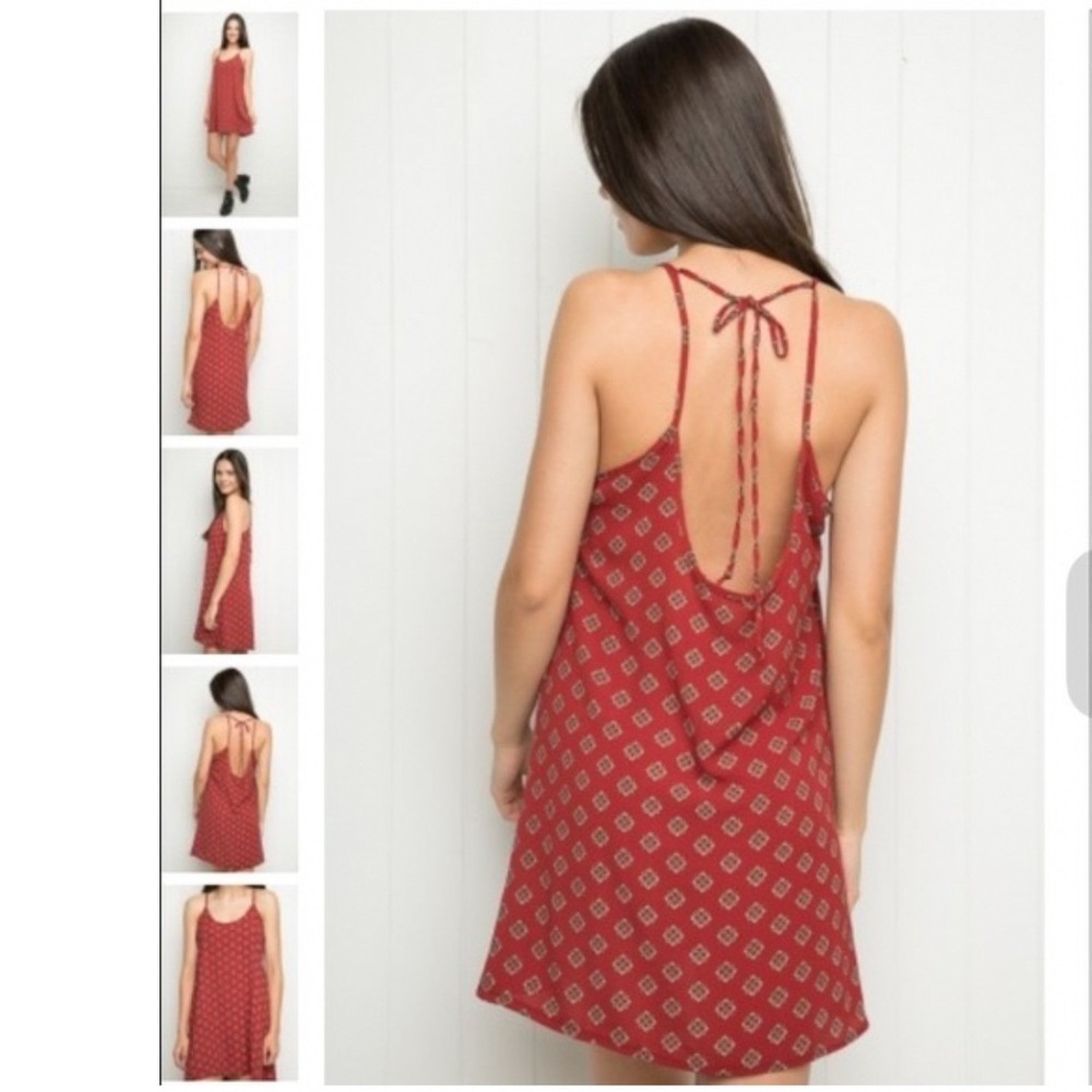 Brandy Melville Red Floral Mini Dress Open Back Tie Spaghetti Strap Boho XS S